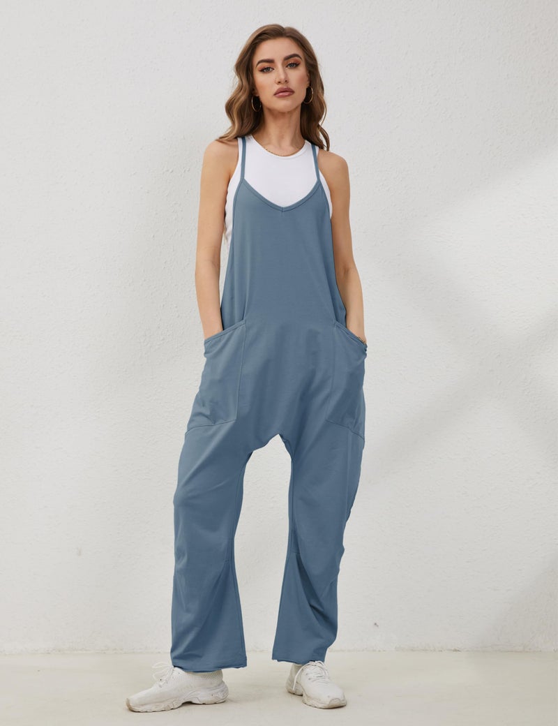 Lentta Women's Causal Jumpsuits V Neck Sleeveless Harem Overalls Stretchy Adjustable Strap Romper with Pockets(BlueGrey-S) - Image 3