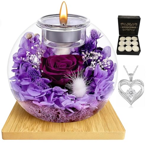 CLTTCLLCT Preserved Roses with Necklace, Long-Lasting Real Flowers in Glass Dome, Mother‘s Day Gifts for Mom, Wife, Girlfriend with Scented Candles for Mother‘s Day (Violet Rose) - Image 1