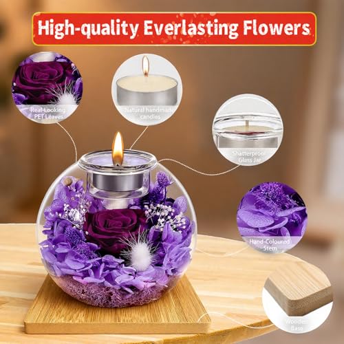 CLTTCLLCT Preserved Roses with Necklace, Long-Lasting Real Flowers in Glass Dome, Mother‘s Day Gifts for Mom, Wife, Girlfriend with Scented Candles for Mother‘s Day (Violet Rose) - Image 4