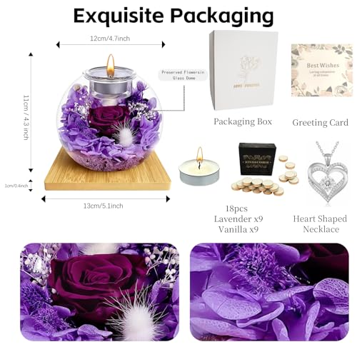 CLTTCLLCT Preserved Roses with Necklace, Long-Lasting Real Flowers in Glass Dome, Mother‘s Day Gifts for Mom, Wife, Girlfriend with Scented Candles for Mother‘s Day (Violet Rose) - Image 2