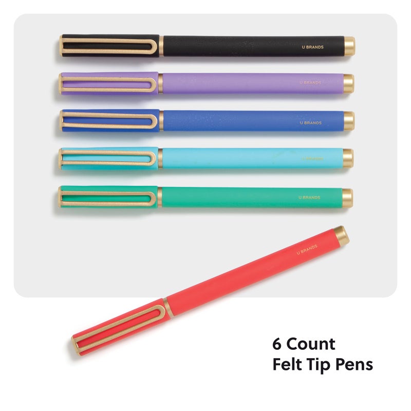 U Brands Catalina Felt Tip Pens, Set of 6 Assorted Color Ink Pens, Soft Touch Bright Tones, Medium (0.7 mm) Point - Image 2