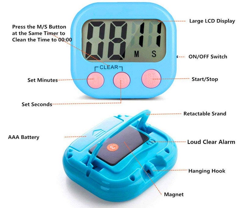 Rumcnjen Digital Kitchen Timer, Big Display Screen, Loud Alarm, Strong Magnetic Backing Stand, Cooking Baking Kids Classroom Teacher Game Timers, Minute Seconds Count Up Countdown and Simple Operation(4 Pack) - Image 2