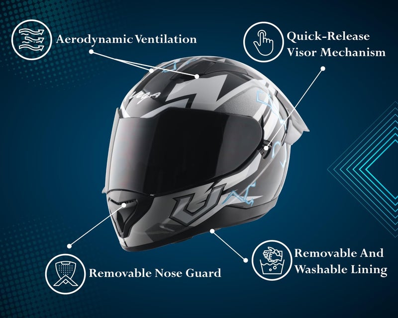 Vega Rapid Flash D/V Full Face Riding Helmet with Spoiler, Extra Smoke Visor, Lightweight Shell, Comfortable Liner, Shock Absorbing Interior, Ventilated Fit, and Modern Black Grey Styling Black Grey-M - Image 4