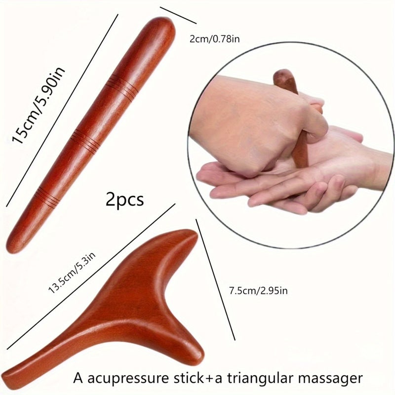 2 PCS Red Acupressure Wood Massage Tools Triangular Gua Sha Board Foot Massager for Whole Body Trigger Point Eye Nose Limb Perfect Small Gift - Image 1