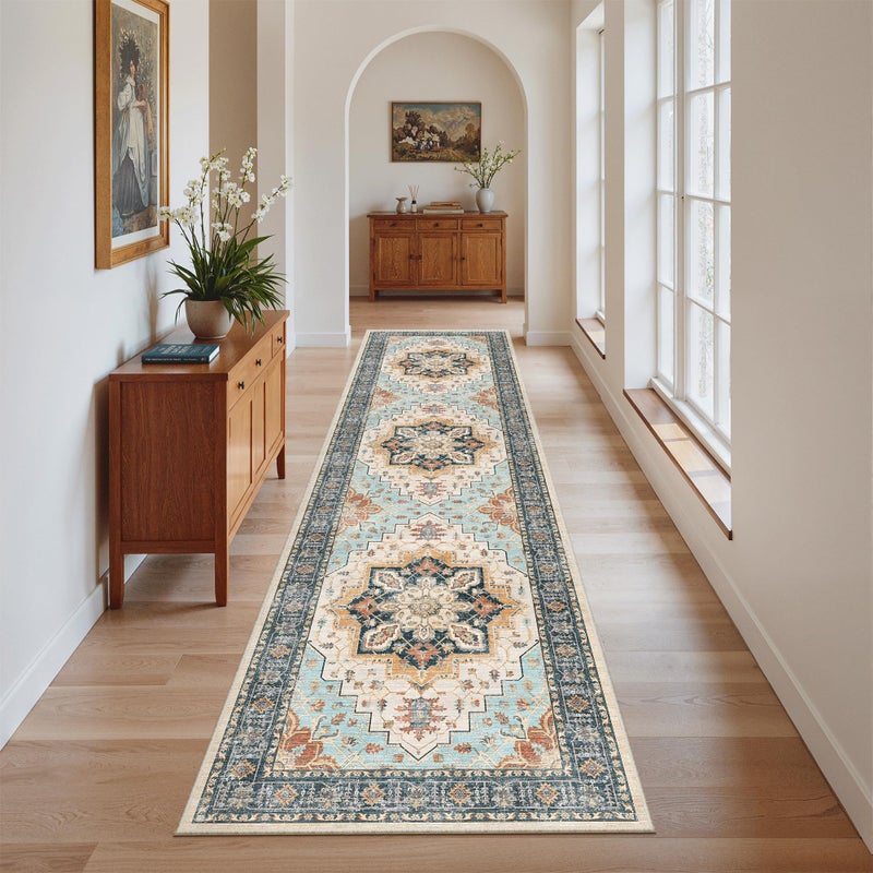 Madane Runner Rug 2x8, Washable Hallway Runner Rugs, Non-Slip Low-Pile Soft Kitchen Rug Runner Laundry Room Rug, Vintage Throw Entry Foyer Mat for Entrance Living Room (Orange/Blue, 2 x 8) - Image 2