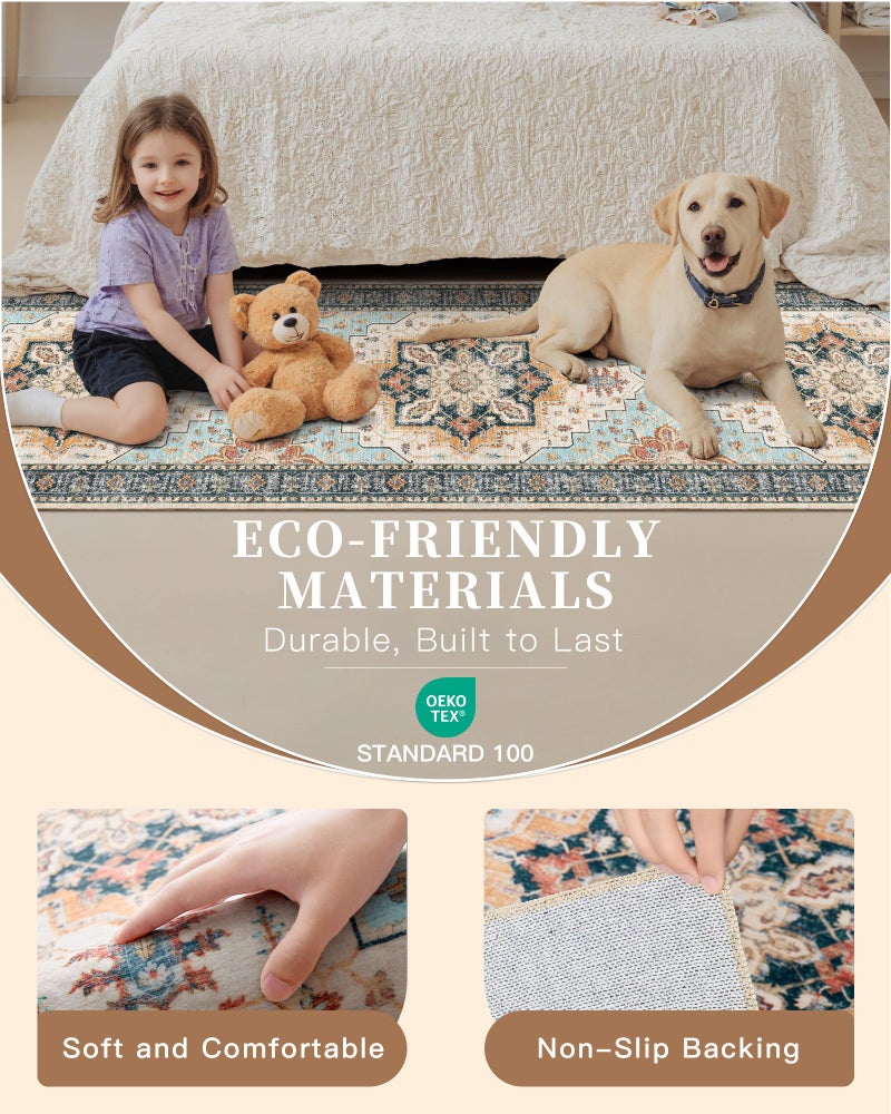 Madane Runner Rug 2x8, Washable Hallway Runner Rugs, Non-Slip Low-Pile Soft Kitchen Rug Runner Laundry Room Rug, Vintage Throw Entry Foyer Mat for Entrance Living Room (Orange/Blue, 2 x 8) - Image 5