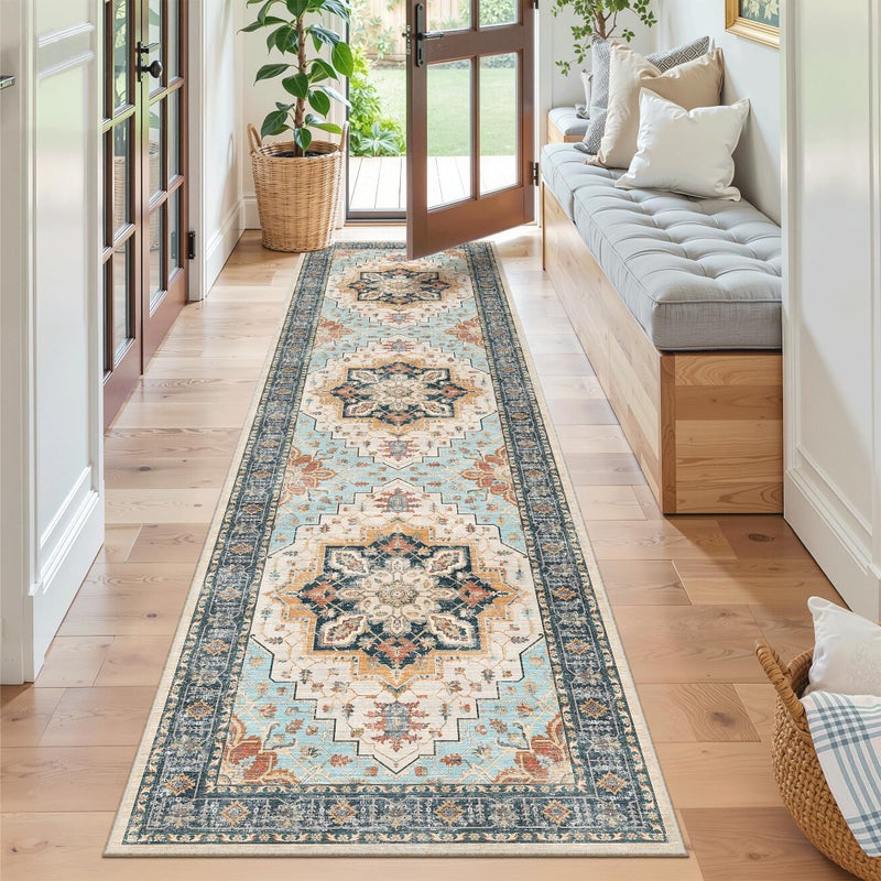 Madane Runner Rug 2x8, Washable Hallway Runner Rugs, Non-Slip Low-Pile Soft Kitchen Rug Runner Laundry Room Rug, Vintage Throw Entry Foyer Mat for Entrance Living Room (Orange/Blue, 2 x 8) - Image 3