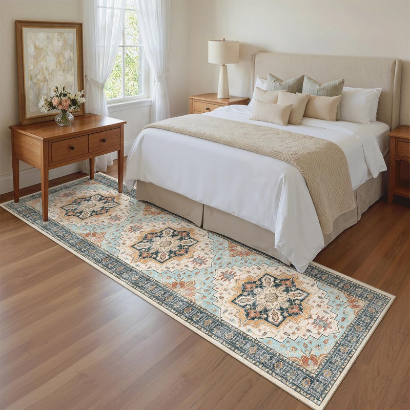 Madane Runner Rug 2x8, Washable Hallway Runner Rugs, Non-Slip Low-Pile Soft Kitchen Rug Runner Laundry Room Rug, Vintage Throw Entry Foyer Mat for Entrance Living Room (Orange/Blue, 2 x 8) - Image 4