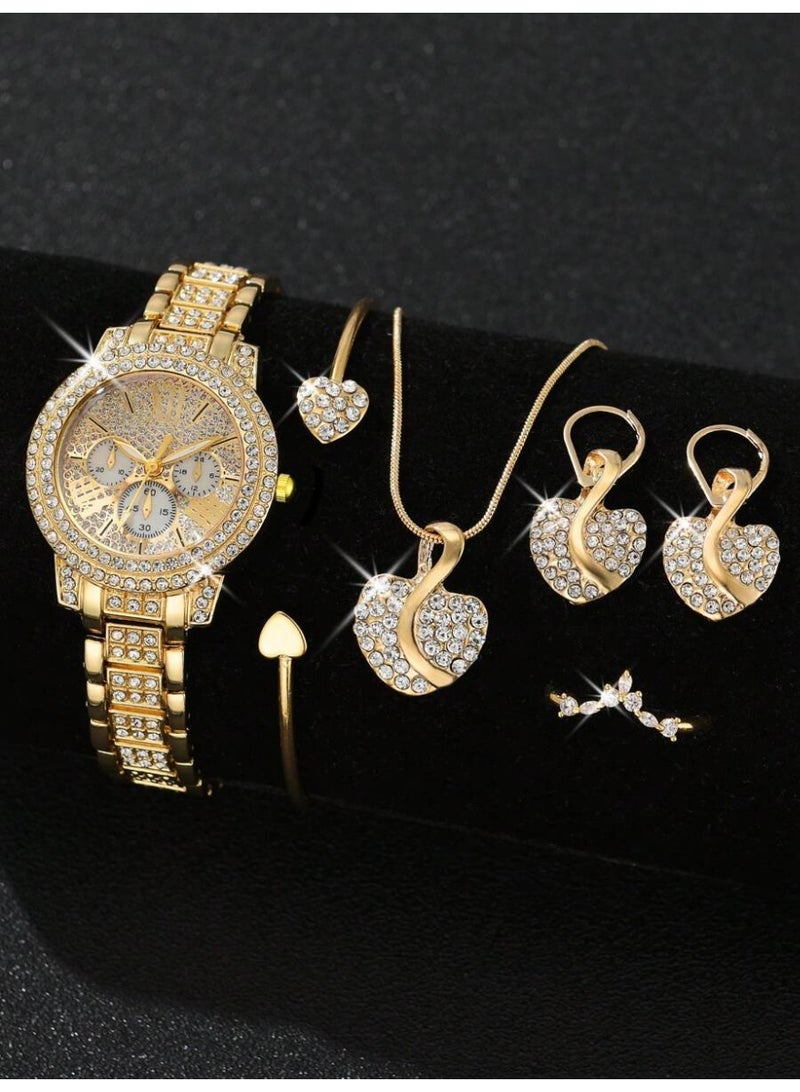 6 Piece Set Luxury Gold Quartz Women Watch with Bracelet Necklace Ring Earrings Set Lovely Heart Design Suitable for Occasions and Daily Wear - Image 1