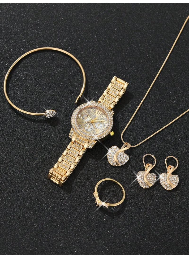 6 Piece Set Luxury Gold Quartz Women Watch with Bracelet Necklace Ring Earrings Set Lovely Heart Design Suitable for Occasions and Daily Wear - Image 2