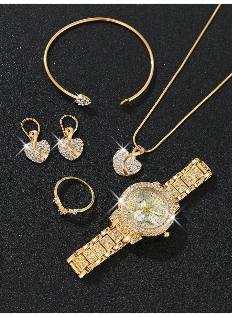 6 Piece Set Luxury Gold Quartz Women Watch with Bracelet Necklace Ring Earrings Set Lovely Heart Design Suitable for Occasions and Daily Wear - Image 3