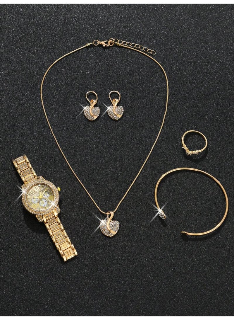 6 Piece Set Luxury Gold Quartz Women Watch with Bracelet Necklace Ring Earrings Set Lovely Heart Design Suitable for Occasions and Daily Wear - Image 4