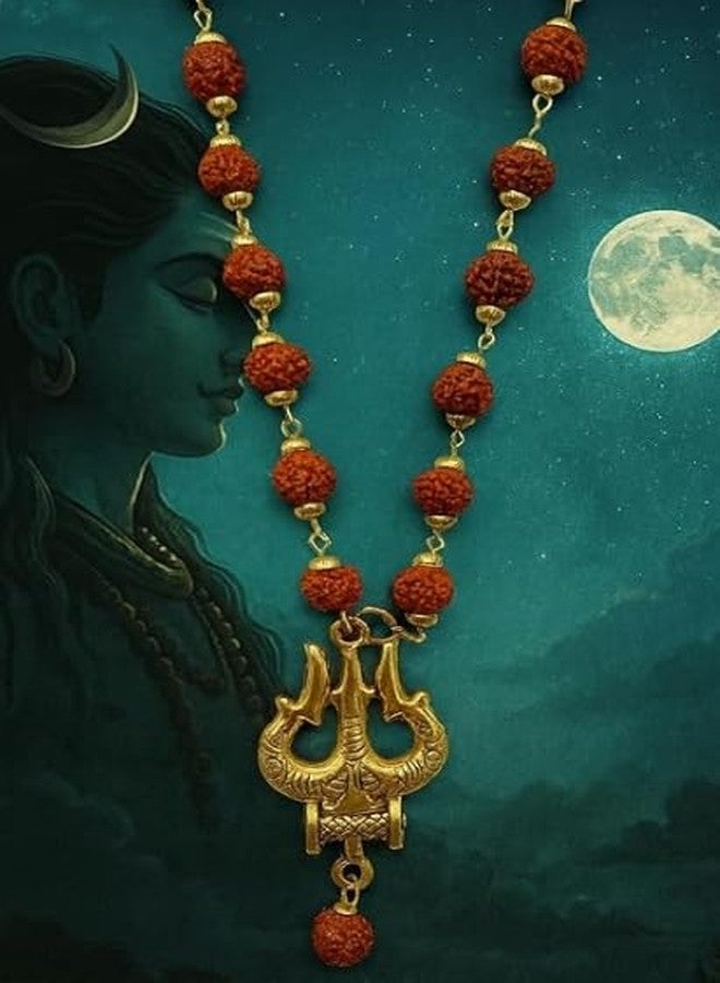 assortify Rudraksha Mala Necklace with Trishool Pendant, Natural Brown Beads with Gold-Toned Accents, Spiritual Protection Jewellery - Image 3