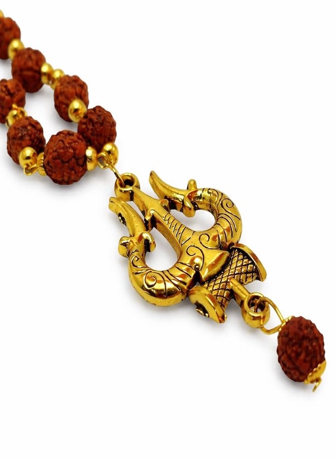 assortify Rudraksha Mala Necklace with Trishool Pendant, Natural Brown Beads with Gold-Toned Accents, Spiritual Protection Jewellery - Image 1