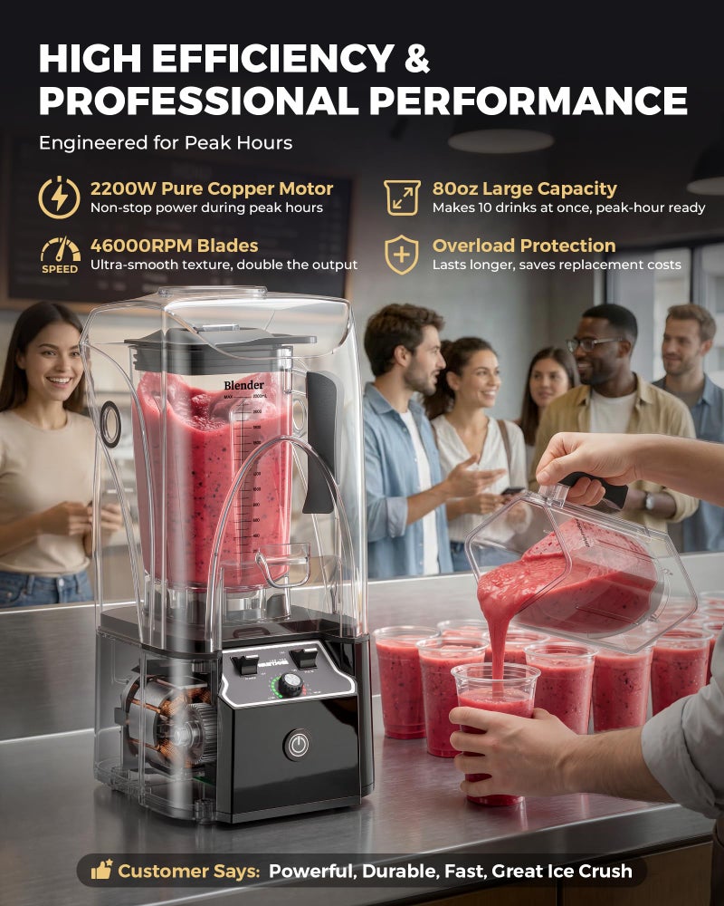 WantJoin Professional Commercial Blender With Shield Quiet Sound Enclosure 2200W Industries Strong and Quiet Professional-Grade Power, Self-Cleaning, Black - Image 5