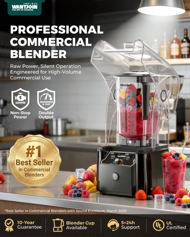 WantJoin Professional Commercial Blender With Shield Quiet Sound Enclosure 2200W Industries Strong and Quiet Professional-Grade Power, Self-Cleaning, Black - Image 3