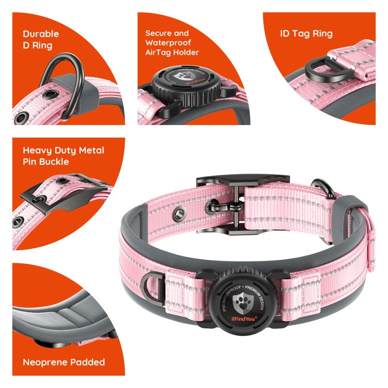 ilFindYou Upgraded AirTag Dog Collar with Holder, Waterproof Reflective Air Tag Dog Collar with Widened Comfortable Padding & Ultra-Durable Metal Buckle, Adjustable for Large Dogs (L, Pink) - Image 4