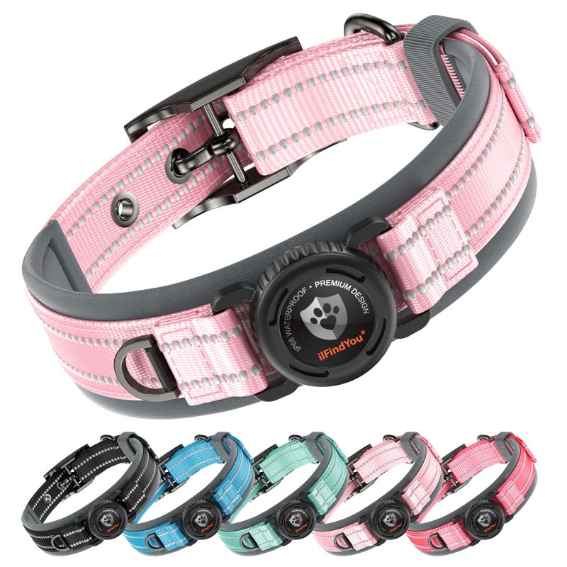 ilFindYou Upgraded AirTag Dog Collar with Holder, Waterproof Reflective Air Tag Dog Collar with Widened Comfortable Padding & Ultra-Durable Metal Buckle, Adjustable for Large Dogs (L, Pink) - Image 1