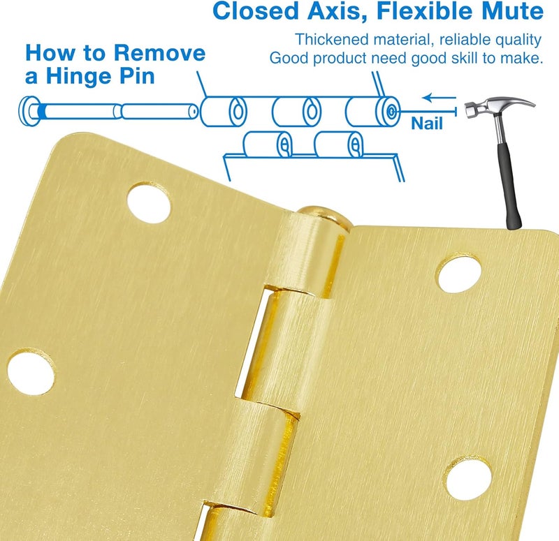 JIW 3 Pack Door Hinges Satin/Brushed Brass 3.5 Inch x 3.5" Gold Interior Door Hinges for Doors 3-1/2" x 3-1/2 Inch Bedroom 3 ½" Rounded 1/4",Other Color Nickel Matte Black Hinges Door Hardware - Image 4