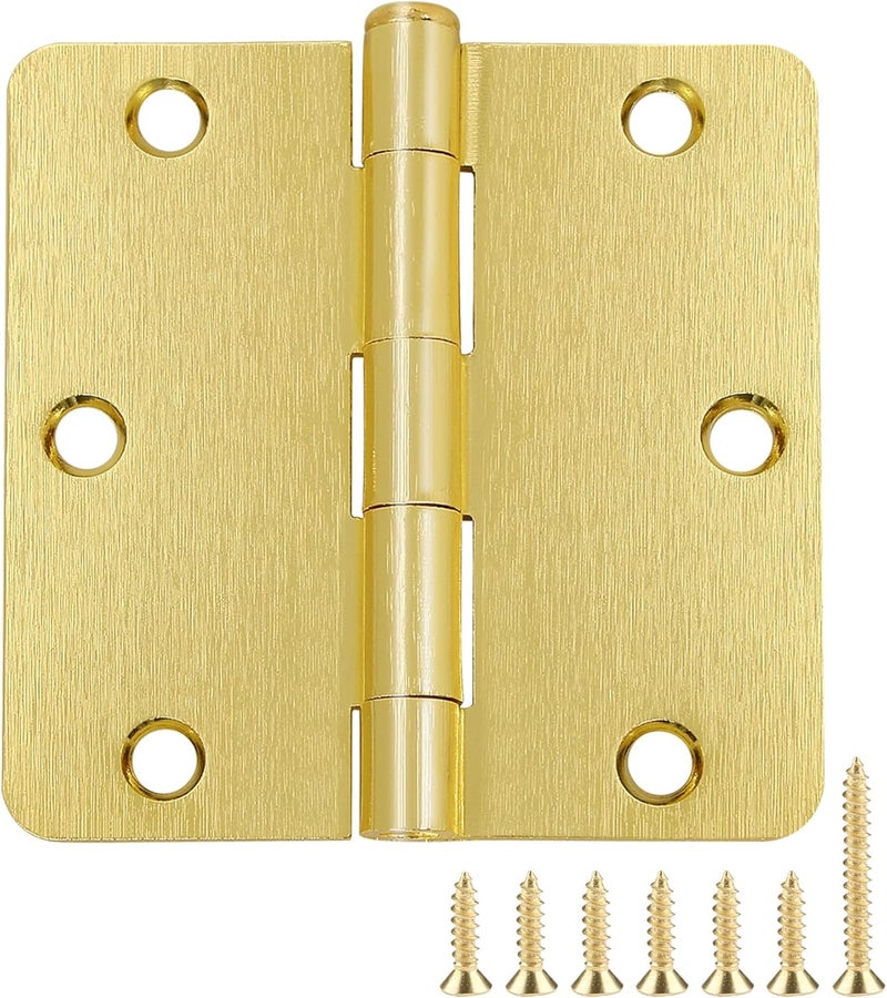 JIW 3 Pack Door Hinges Satin/Brushed Brass 3.5 Inch x 3.5" Gold Interior Door Hinges for Doors 3-1/2" x 3-1/2 Inch Bedroom 3 ½" Rounded 1/4",Other Color Nickel Matte Black Hinges Door Hardware - Image 1