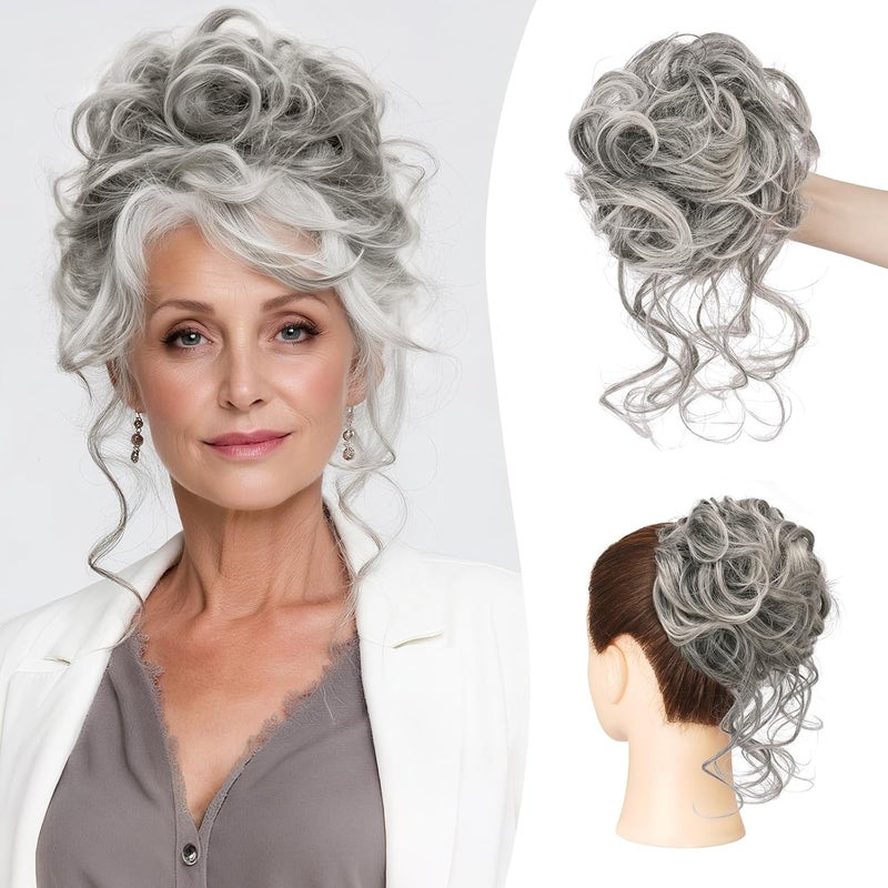 SOFEIYAN Messy Bun Hair Piece Curly Wavy Hair Extensions Synthetic Tousled Updo with Tendrils Hairpieces Bun Donut Accessories Scrunchies for Women, Black Mix Grey Tips - Image 1