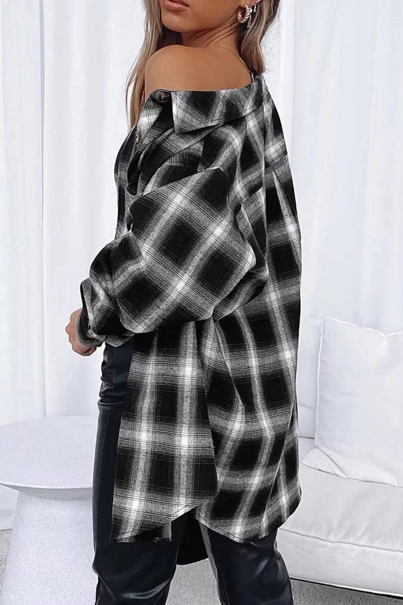 CHYRII Womens Button Down Flannel Shirts Long Sleeve Plaid Shacket Business Casual Tops Black L - Image 2