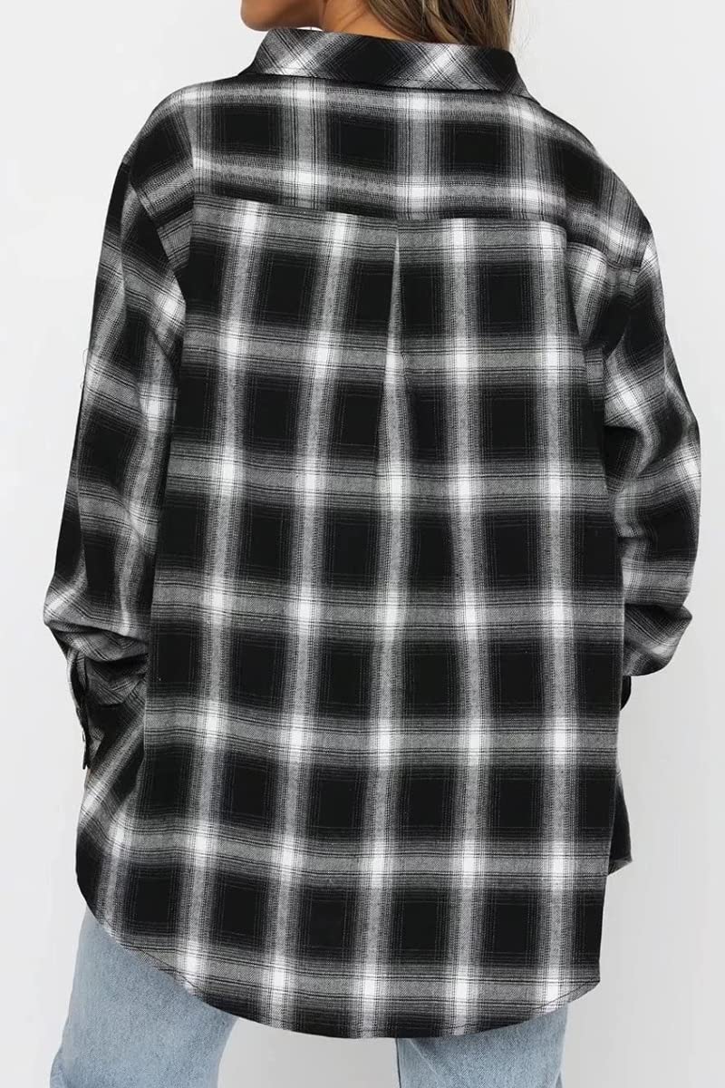 CHYRII Womens Button Down Flannel Shirts Long Sleeve Plaid Shacket Business Casual Tops Black L - Image 5