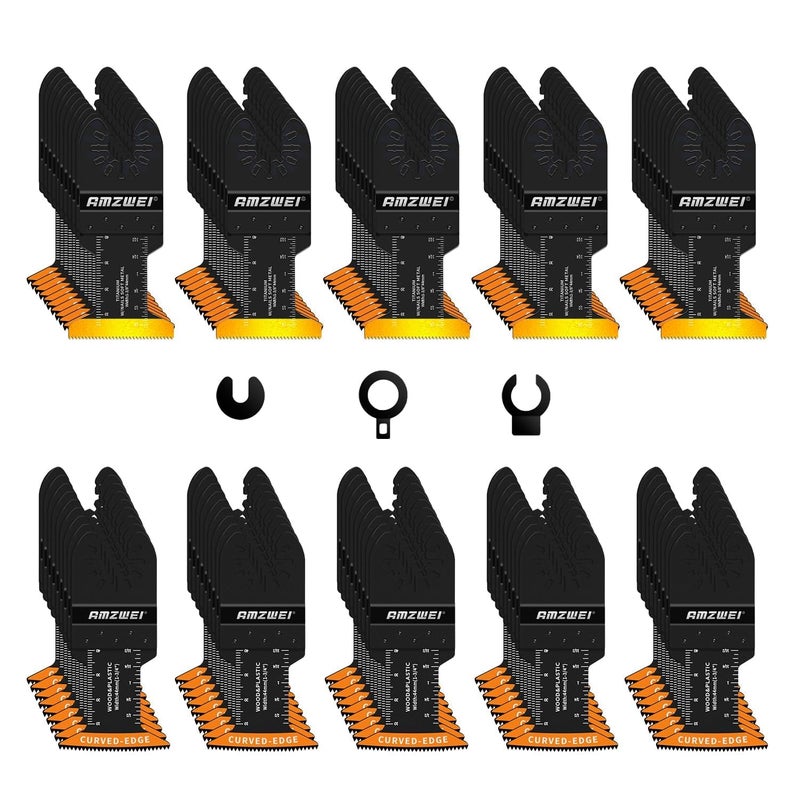 AMZWEI 100PCS Oscillating Tool Blades, Titanium & HCS Oscillating Saw Blades for Metal/Wood/Plastic Cutting, Curved Edge Multi Tool Blades Compatible with Dewalt, Milwaukee, Dremel, Ryobi, Rockwell - Image 1