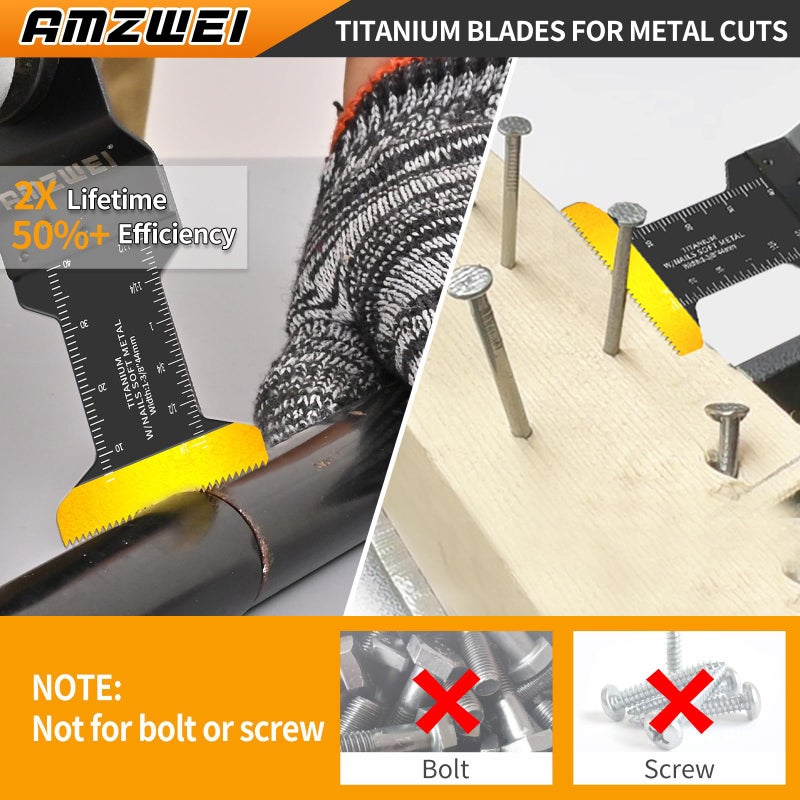 AMZWEI 100PCS Oscillating Tool Blades, Titanium & HCS Oscillating Saw Blades for Metal/Wood/Plastic Cutting, Curved Edge Multi Tool Blades Compatible with Dewalt, Milwaukee, Dremel, Ryobi, Rockwell - Image 3