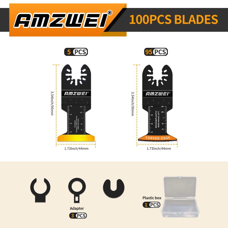 AMZWEI 100PCS Oscillating Tool Blades, Titanium & HCS Oscillating Saw Blades for Metal/Wood/Plastic Cutting, Curved Edge Multi Tool Blades Compatible with Dewalt, Milwaukee, Dremel, Ryobi, Rockwell - Image 2