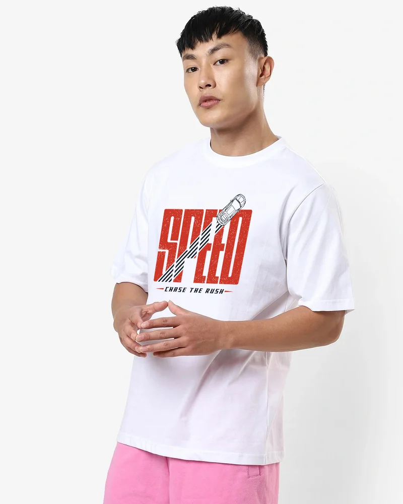 بيواكوف Men's White Speed Rush Typography Oversized T-shirt