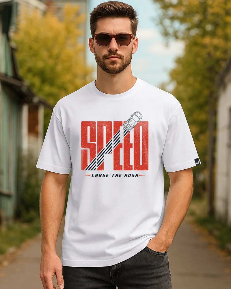 بيواكوف Men's White Speed Rush Typography Oversized T-shirt