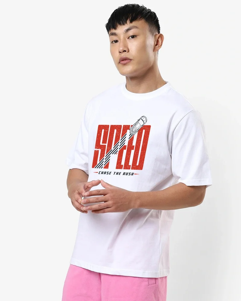 بيواكوف Men's White Speed Rush Typography Oversized T-shirt