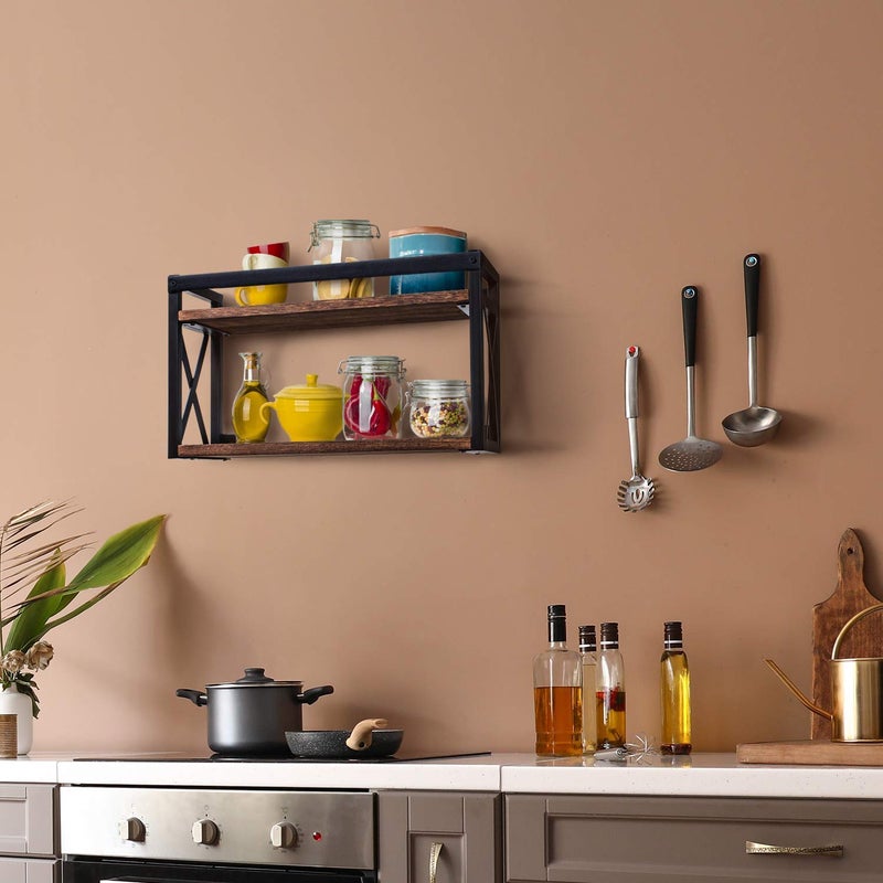 INDIAN DECOR 28103 Classic 2Tier WallMounted Wooden Floating Shelves with Black Metal for Bedroom Bathroom Living Room Kitchen