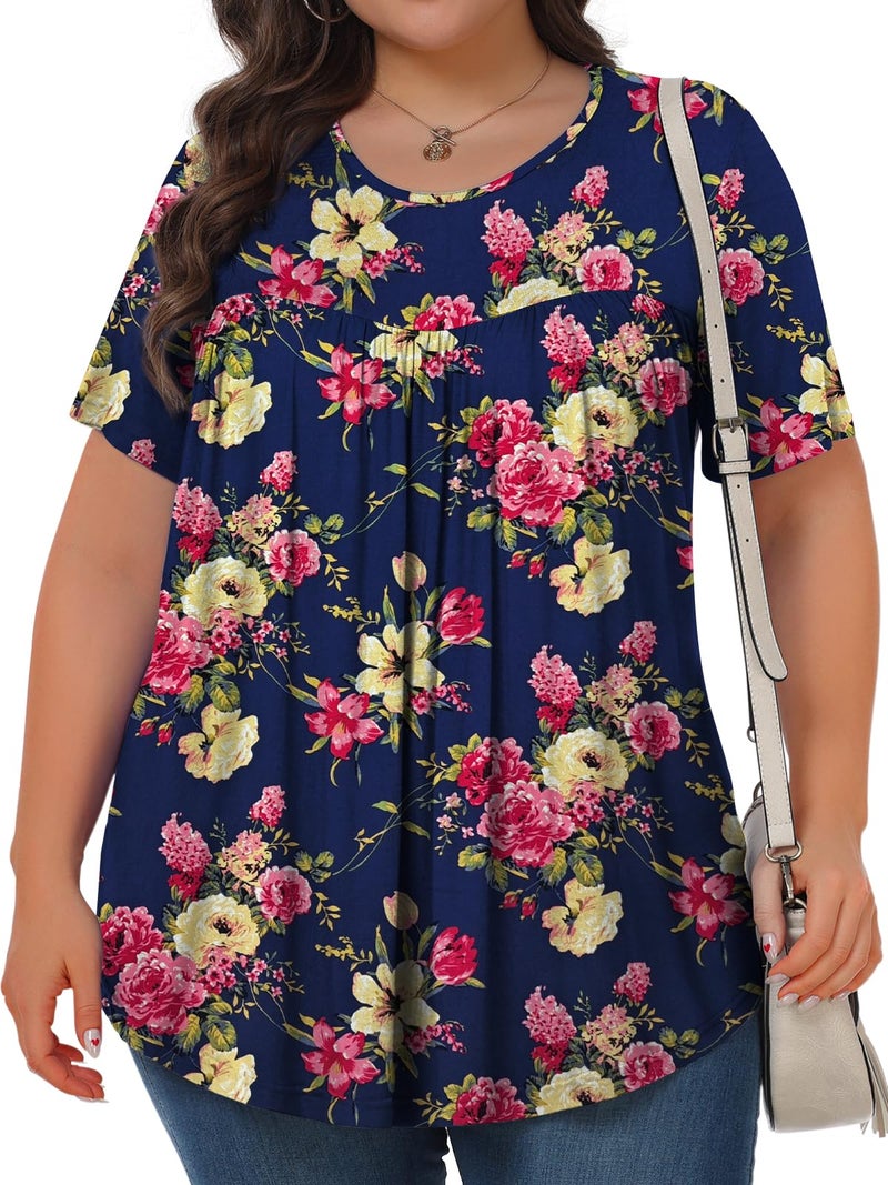 Tencede Womens Plus Size Tops Tunic Short Sleeve Crew Neck Shirts Casual Soft Blouse Blue Begonia 3X - Image 2