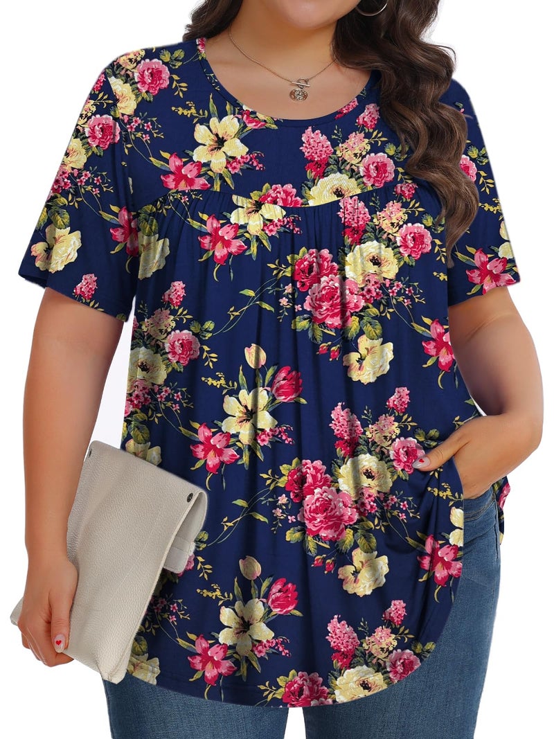 Tencede Womens Plus Size Tops Tunic Short Sleeve Crew Neck Shirts Casual Soft Blouse Blue Begonia 3X - Image 1