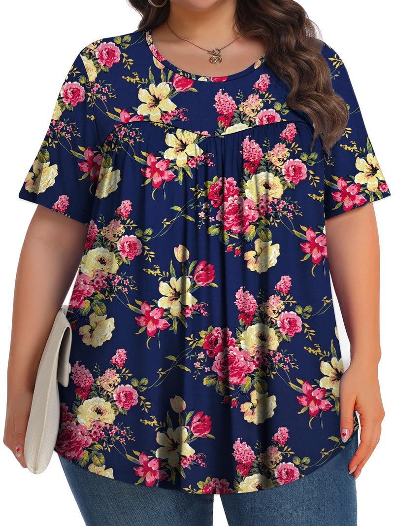 Tencede Womens Plus Size Tops Tunic Short Sleeve Crew Neck Shirts Casual Soft Blouse Blue Begonia 3X - Image 3