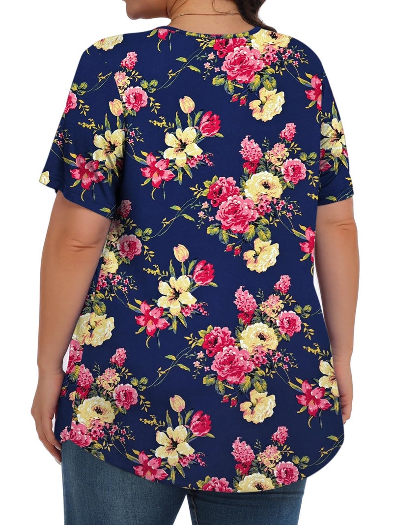 Tencede Womens Plus Size Tops Tunic Short Sleeve Crew Neck Shirts Casual Soft Blouse Blue Begonia 3X - Image 4