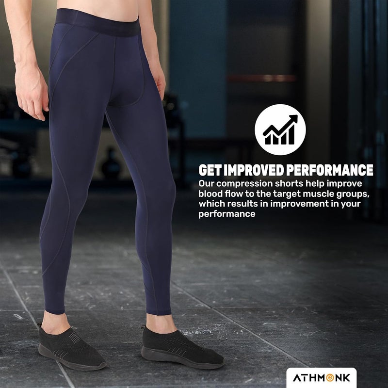 Athmonk Compression Nylon Lycra Lower Leggings Tights Yoga Pants for Men Boys - Workout Gym Exercise Running Cycling Training - Full Leg Sleeves - Cold Weather Sports Inner - Skinny Fit - Image 2