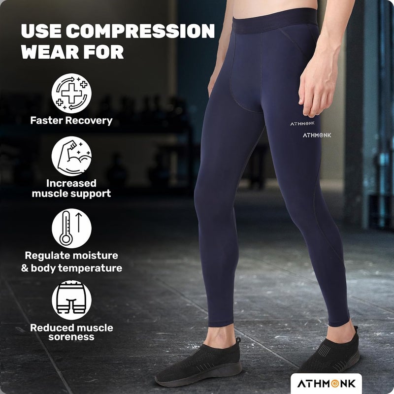 Athmonk Compression Nylon Lycra Lower Leggings Tights Yoga Pants for Men Boys - Workout Gym Exercise Running Cycling Training - Full Leg Sleeves - Cold Weather Sports Inner - Skinny Fit - Image 1