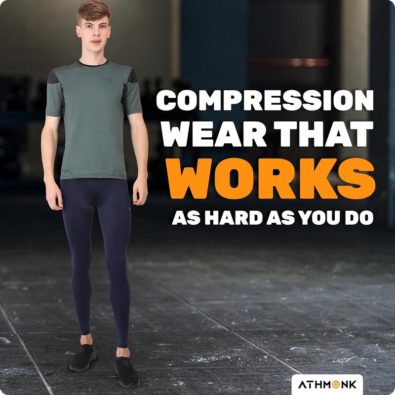 Athmonk Compression Nylon Lycra Lower Leggings Tights Yoga Pants for Men Boys - Workout Gym Exercise Running Cycling Training - Full Leg Sleeves - Cold Weather Sports Inner - Skinny Fit - Image 4