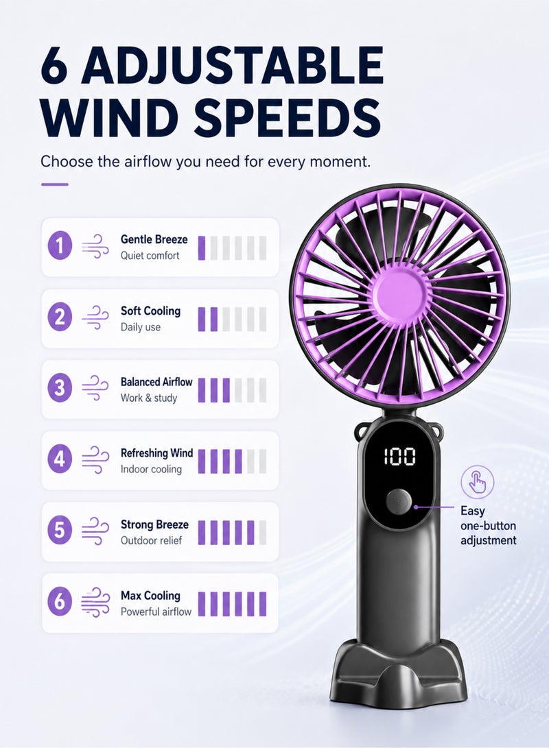 Portable Handheld Fan, USB Rechargeable Foldable Mini Fan with Digital Display, 6 Speed Personal Cooling Fan for Travel, Office, Home, Outdoor Activities - Image 4