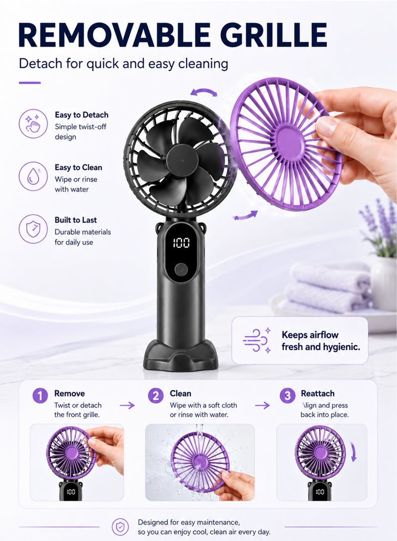 Portable Handheld Fan, USB Rechargeable Foldable Mini Fan with Digital Display, 6 Speed Personal Cooling Fan for Travel, Office, Home, Outdoor Activities - Image 5