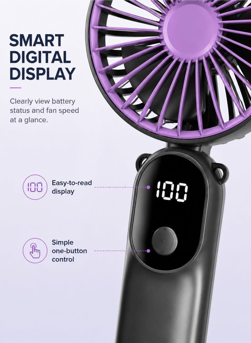 Portable Handheld Fan, USB Rechargeable Foldable Mini Fan with Digital Display, 6 Speed Personal Cooling Fan for Travel, Office, Home, Outdoor Activities - Image 2