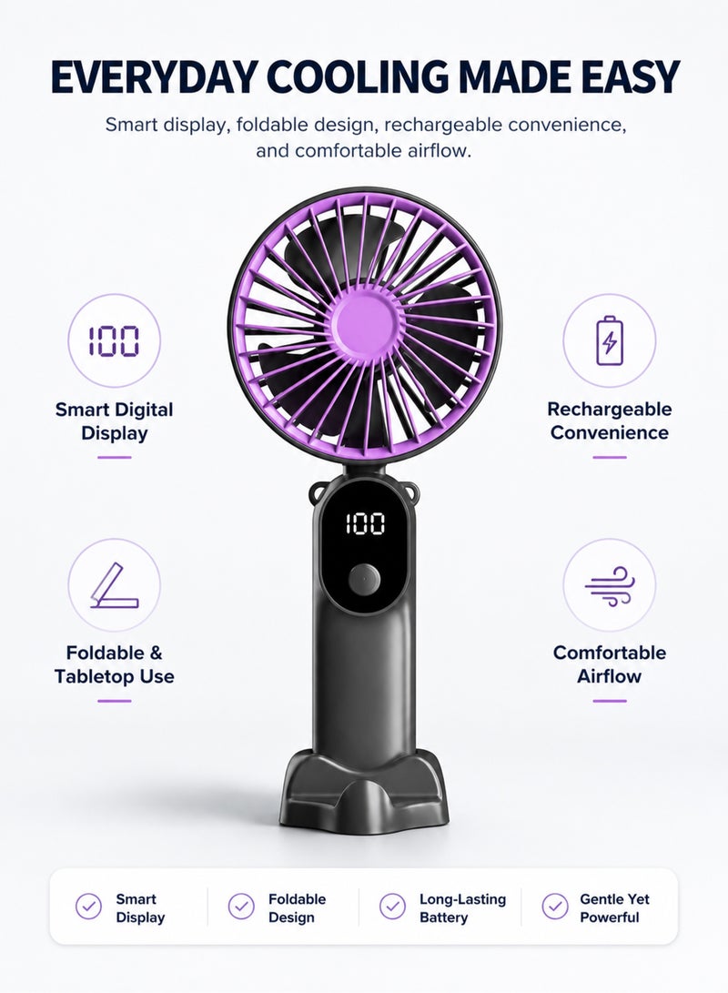 Portable Handheld Fan, USB Rechargeable Foldable Mini Fan with Digital Display, 6 Speed Personal Cooling Fan for Travel, Office, Home, Outdoor Activities - Image 3