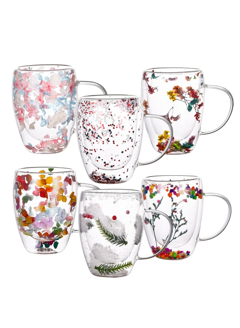 شو وو مجموعة من 6 أكواب قهوة مزدوجة الجدار، لعيد ميلاد الأم، كوب زجاجي شفاف بمقبض، نظارات معزولة مقاومة للحرارة للمشروبات الساخنة والباردة - Image 1