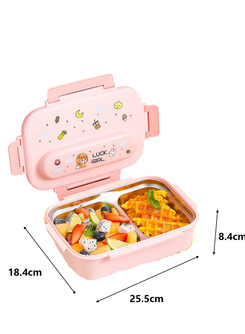 316 Stainless Steel Insulated Lunch Box Student Cute Compartment Lunch Box Office Worker Portable Lunch Box (Two Compartments Pink)  - Image 2