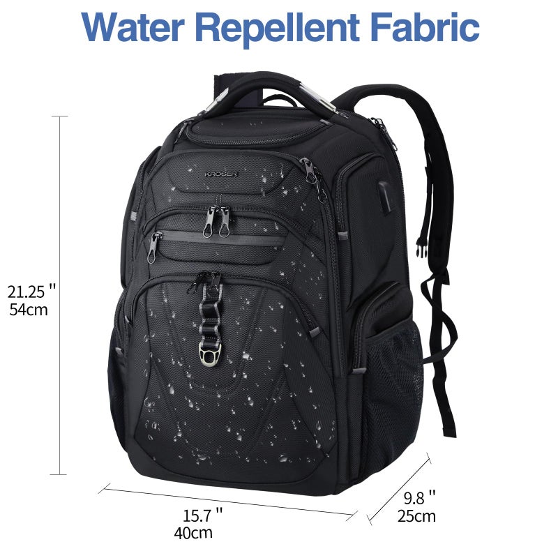 KROSER TSA Friendly Travel Laptop Backpack 18.4 inch XXXL Gaming Backpack Water-Repellent College Daypack Business Backpack with RFID Pockets & USB Port for Men/Women-Black - Image 2