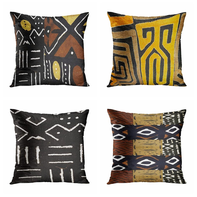 rouihot Set of 4 Throw Pillow Covers 18x18 Inch Vintaged Contemporary African Mud Cloth Print Home Decor Pillowcases Square Cushion Covers for Sofa Bed Couch
