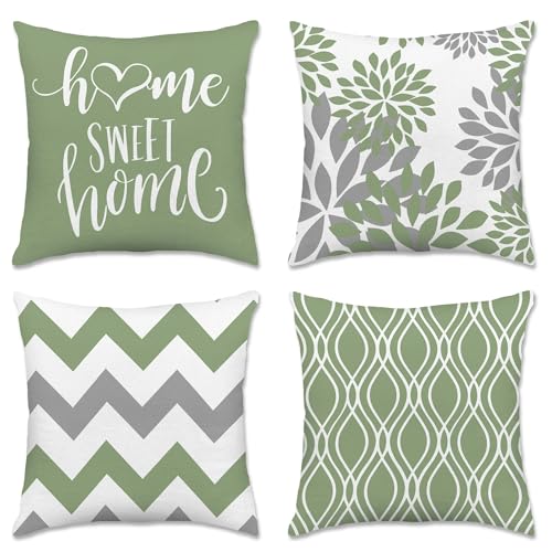 Hexagram Geometric Sage Green Pillow Covers 18x18 Set of 4, Decorative Outdoor Boho Modern Throw Pillow Covers, Home Sweet Home Farmhouse Cushion Case for Couch Sofa Bedroom Indoor Decor(No Insert) - Image 1